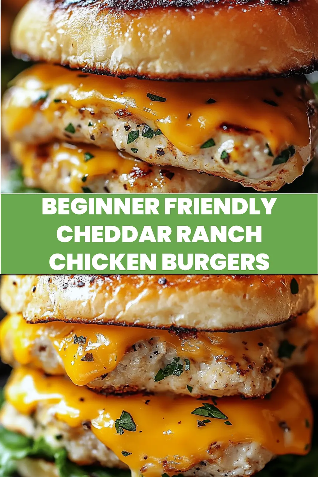 CHEDDAR RANCH CHICKEN BURGERS centered hero view, clean and uncluttered
