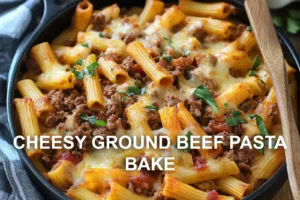CHEESY GROUND BEEF PASTA BAKE centered hero view, clean and uncluttered