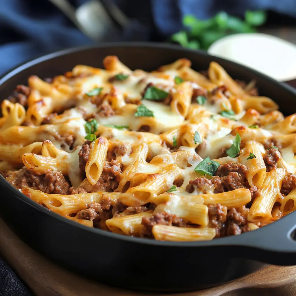 Cheesy Ground Beef Pasta Bake with melted cheese and penne pasta, centered hero view