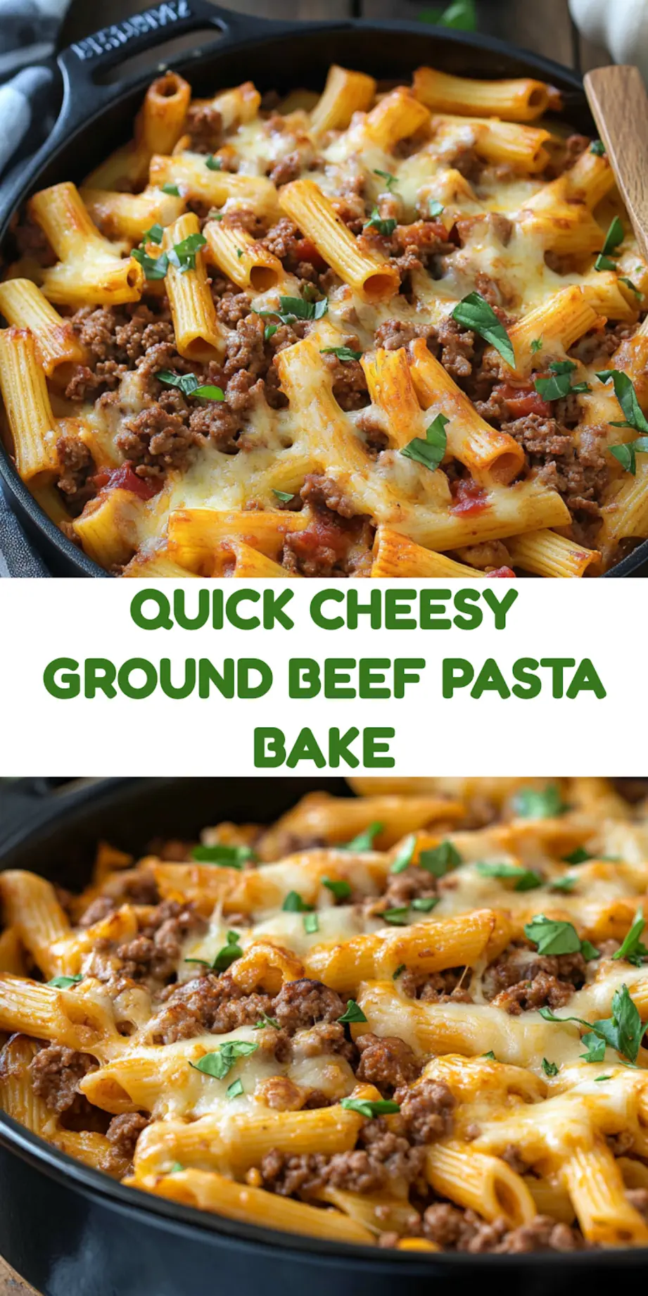 Cheesy Ground Beef Pasta Bake pinterest pin with melted cheese and penne pasta