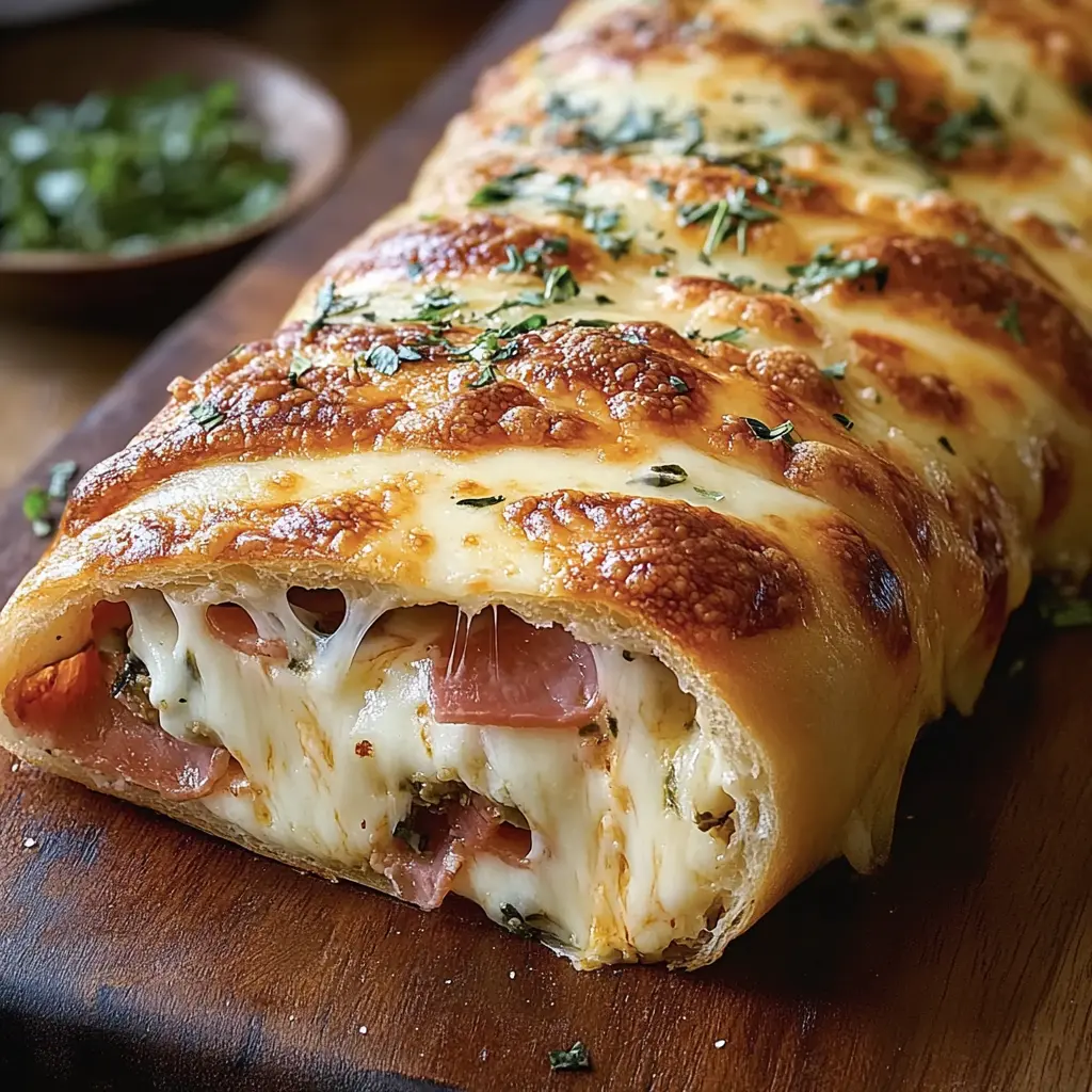 CHEESY ITALIAN STROMBOLI centered hero view, clean and uncluttered