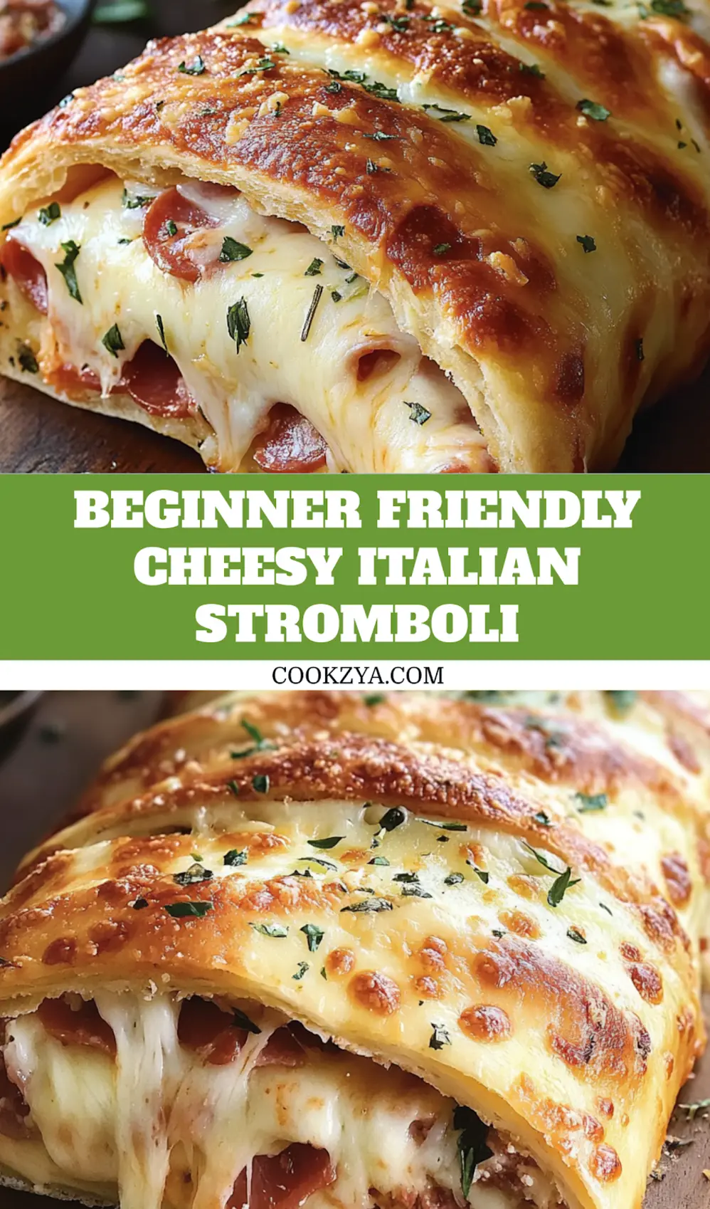 CHEESY ITALIAN STROMBOLI centered hero view, clean and uncluttered