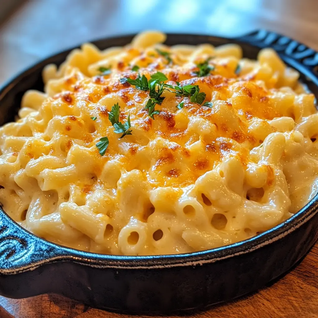 Chick fil A Style Mac and Cheese in a baking dish with golden bubbly cheese topping