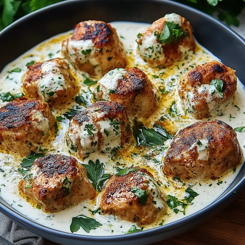 Chicken kofta with garlic yogurt sauce, centered hero view, clean and uncluttered