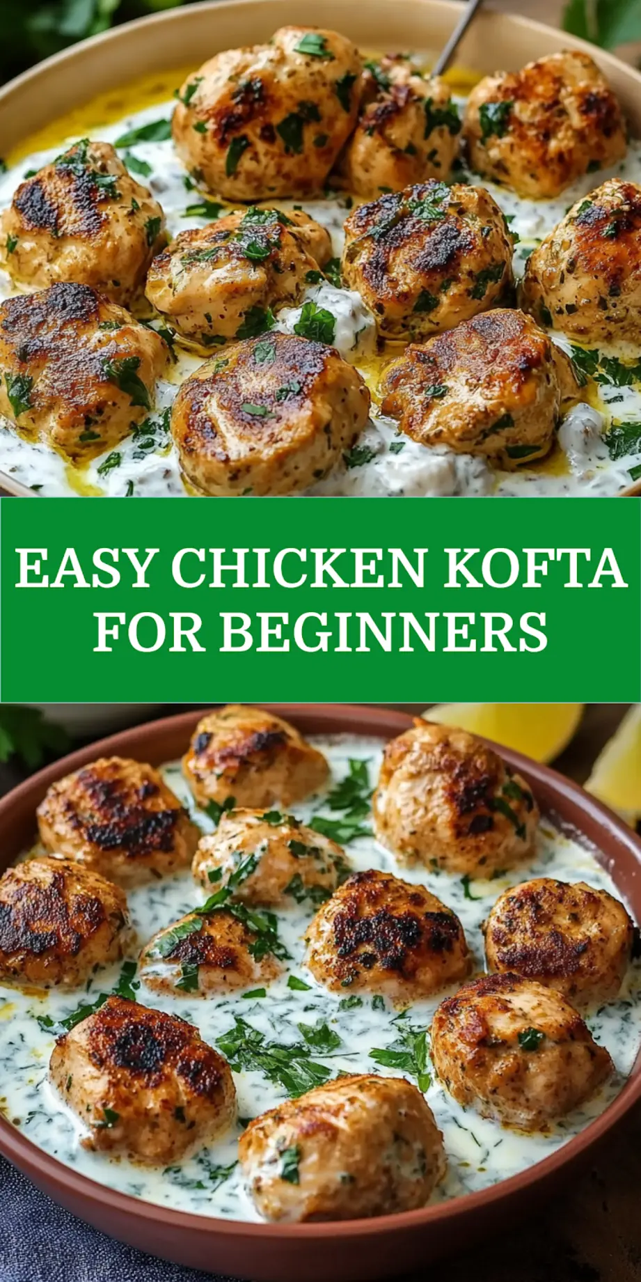 Chicken kofta with garlic yogurt sauce, centered hero view, clean and uncluttered