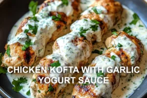 CHICKEN KOFTA WITH GARLIC YOGURT SAUCE centered hero view, clean and uncluttered