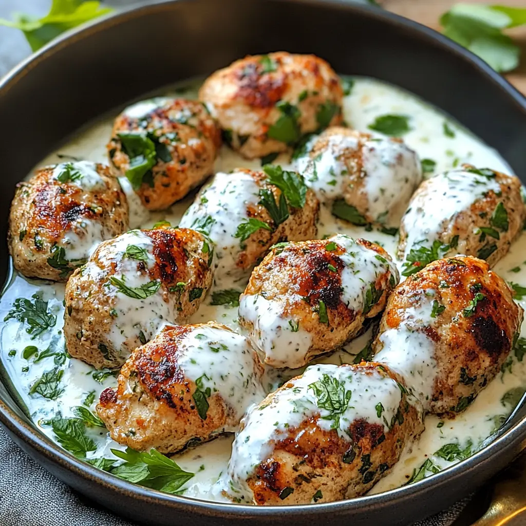Chicken Kofta with Garlic Yogurt Sauce centered hero view, clean and uncluttered
