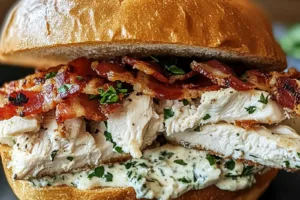 Chopped Chicken Bacon Ranch Sandwich Recipe Easy Best CHOPPED CHICKEN BACON RANCH SANDWICH centered hero view, clean and uncluttered
