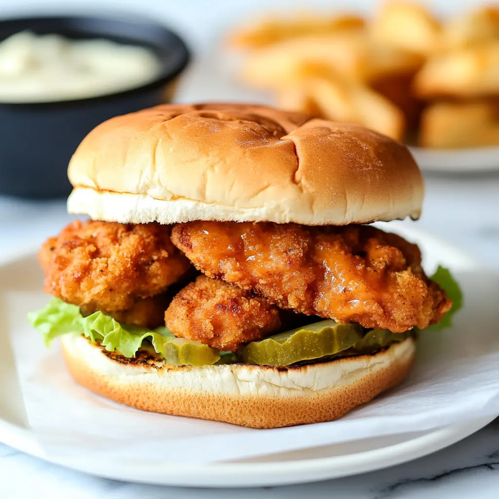Copycat Chick-fil-A sandwich on a toasted bun with pickles, golden and crispy fried chicken breast