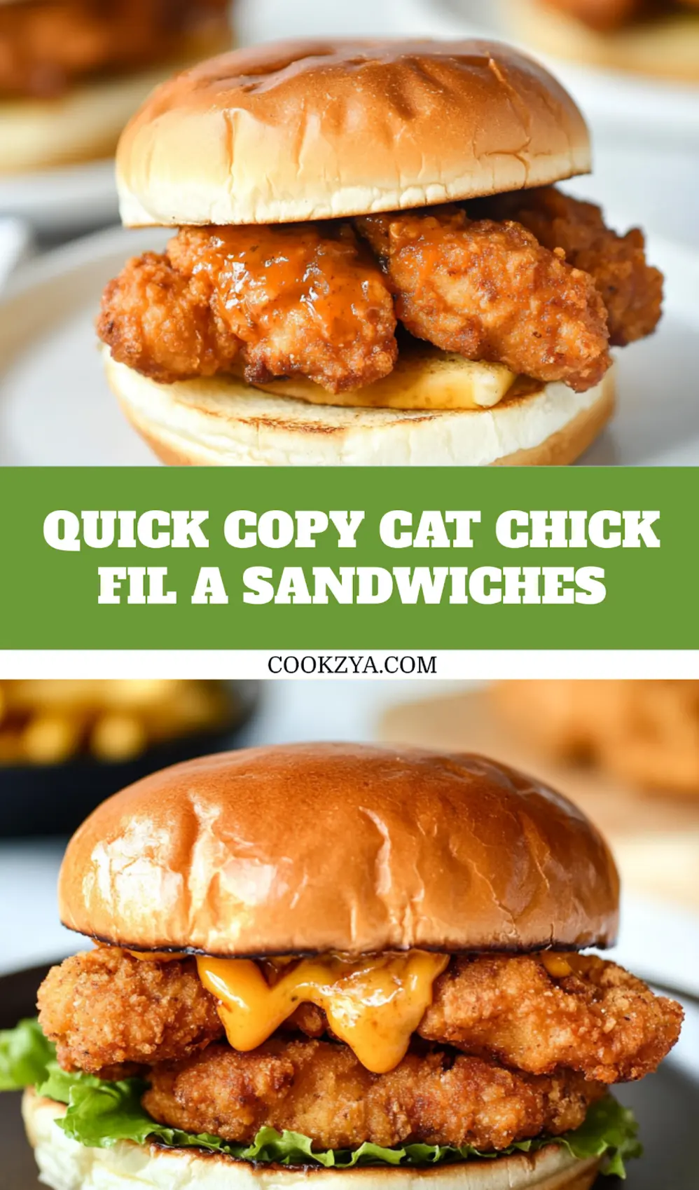 Copycat Chick-fil-A sandwich with golden fried chicken and pickles on toasted bun, perfect for pinning