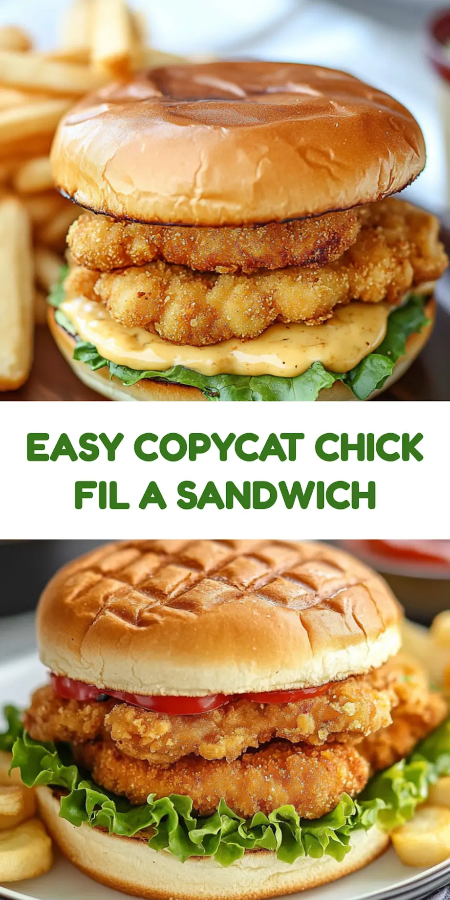 Copycat Chick-fil-A Sandwich pin image with golden crispy chicken on toasted bun
