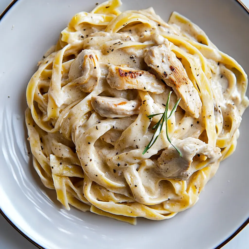 Creamy chicken pasta in a skillet with tender chicken breast slices on top