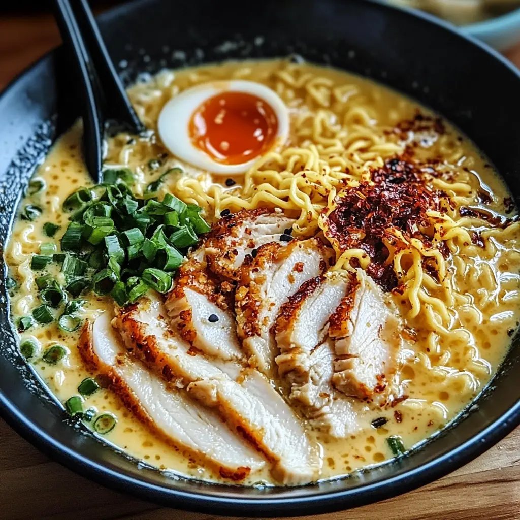 Creamy Garlic Chicken Ramen in a bowl with garnishes