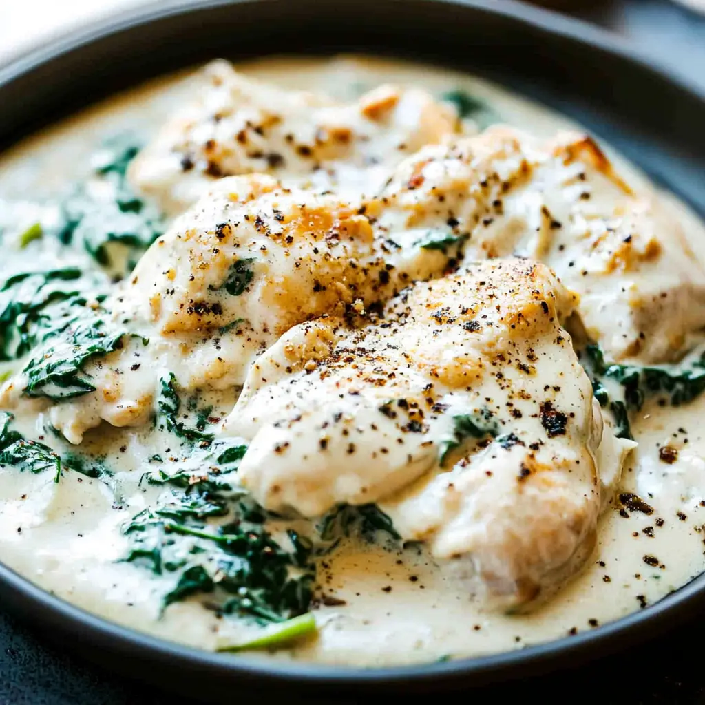Creamy Spinach Chicken Easy Weeknight Dinner Recipe 6 CREAMY SPINACH CHICKEN centered hero view, clean and uncluttered
