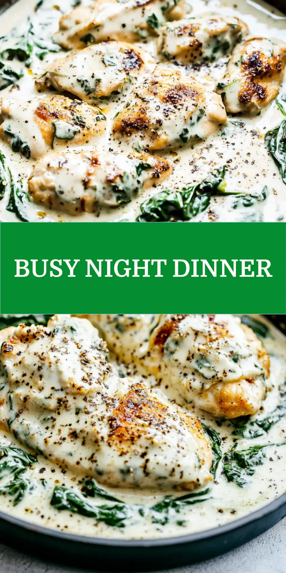 Creamy Spinach Chicken Easy Weeknight Dinner Recipe 7 CREAMY SPINACH CHICKEN centered hero view, clean and uncluttered_pin