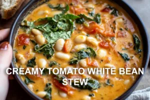 CREAMY TOMATO WHITE BEAN STEW centered hero view, clean and uncluttered