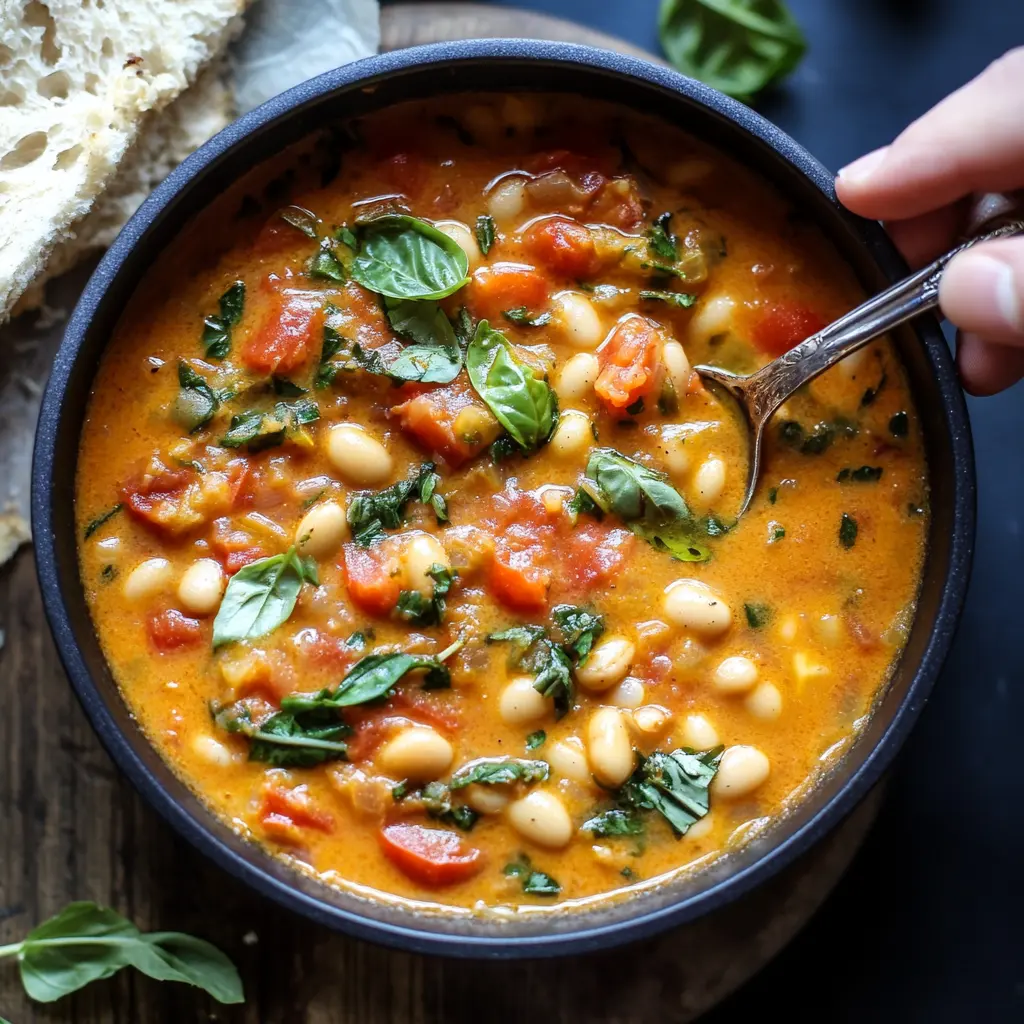CREAMY TOMATO WHITE BEAN STEW centered hero view, clean and uncluttered