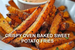 CRISPY OVEN BAKED SWEET POTATO FRIES centered hero view, clean and uncluttered