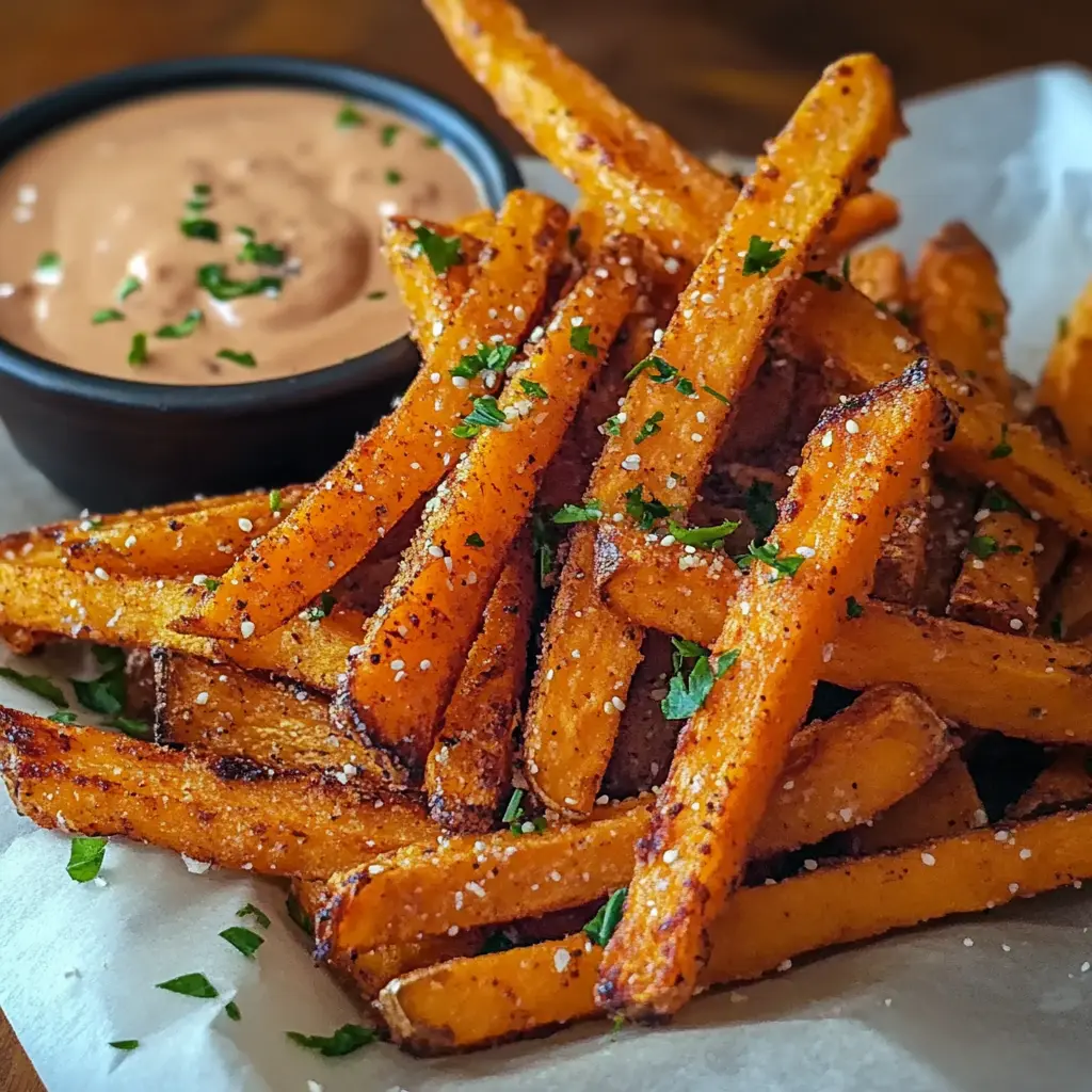CRISPY OVEN BAKED SWEET POTATO FRIES centered hero view, clean and uncluttered