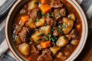 Crockpot Beef Stew Recipe Easy Cozy Weeknight Dinner CROCKPOT BEEF STEW centered hero view, clean and uncluttered