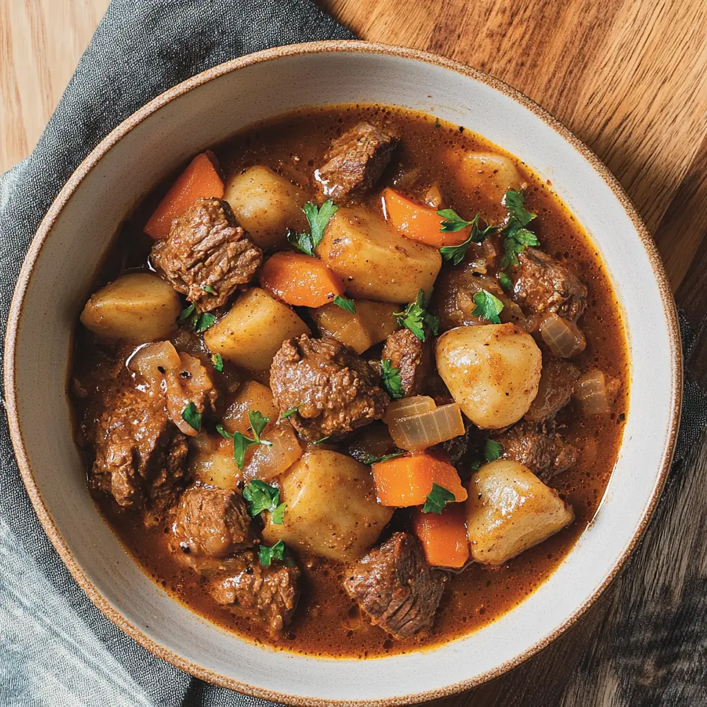 CROCKPOT BEEF STEW centered hero view, clean and uncluttered