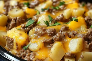 CROCKPOT CHEESESTEAK POTATO CASSEROLE centered hero view, clean and uncluttered