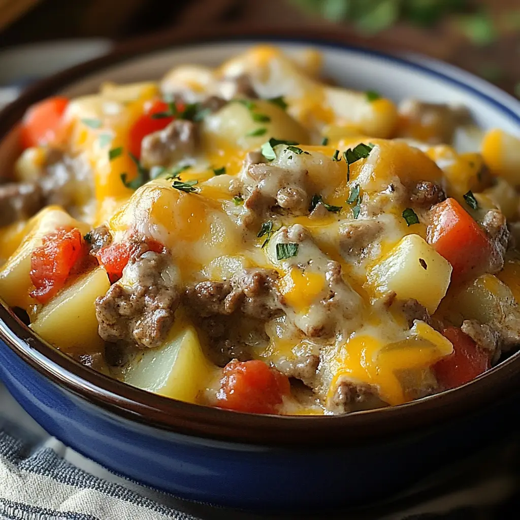 Crockpot Cheesesteak Potato Casserole with melted provolone cheese and tender beef
