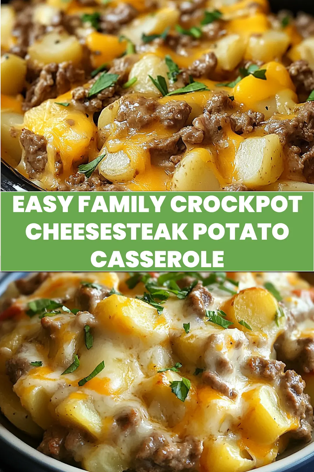 Crockpot Cheesesteak Potato Casserole pin image with tender beef and melted cheese