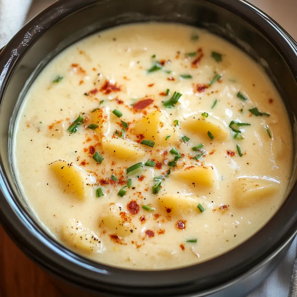 CROCKPOT POTATO SOUP centered hero view, clean and uncluttered