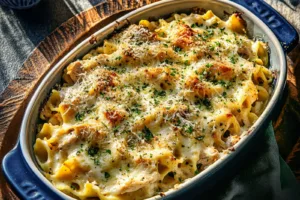 DUMP AND BAKE CHICKEN ALFREDO NOODLE CASSEROLE centered hero view, clean and uncluttered