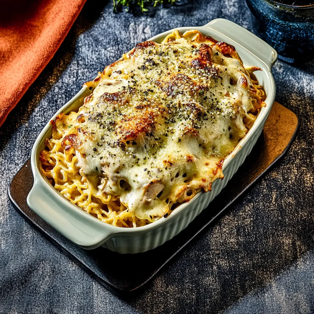 DUMP AND BAKE CHICKEN ALFREDO NOODLE CASSEROLE centered hero view, clean and uncluttered