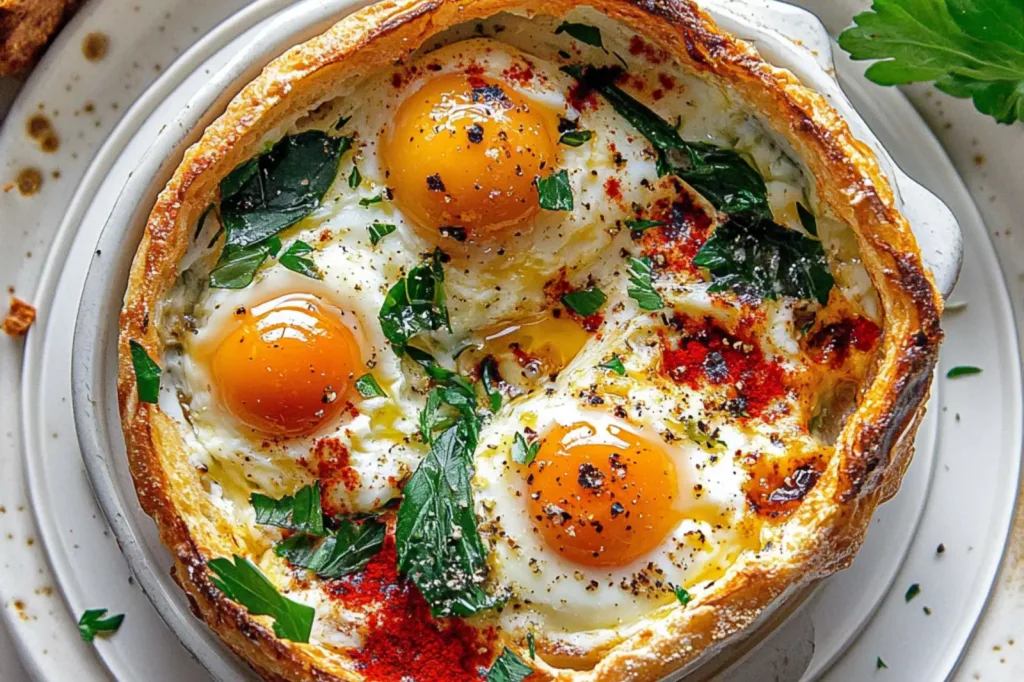 EASY BAKED FETA EGGS centered hero view, clean and uncluttered