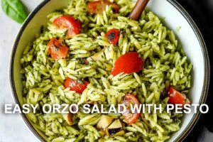 EASY ORZO SALAD WITH PESTO centered hero view, clean and uncluttered