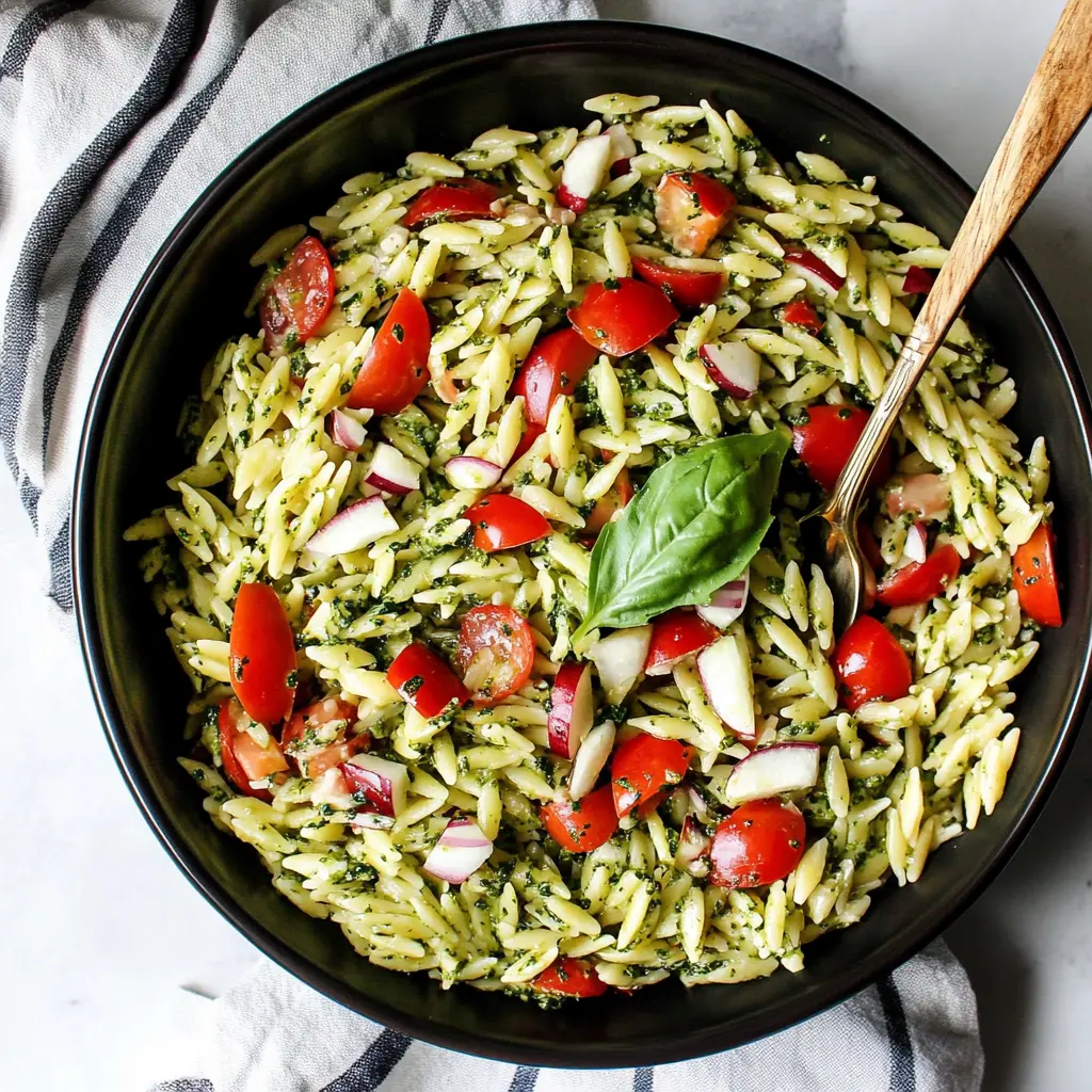 Easy orzo salad with pesto centered hero view, clean and uncluttered
