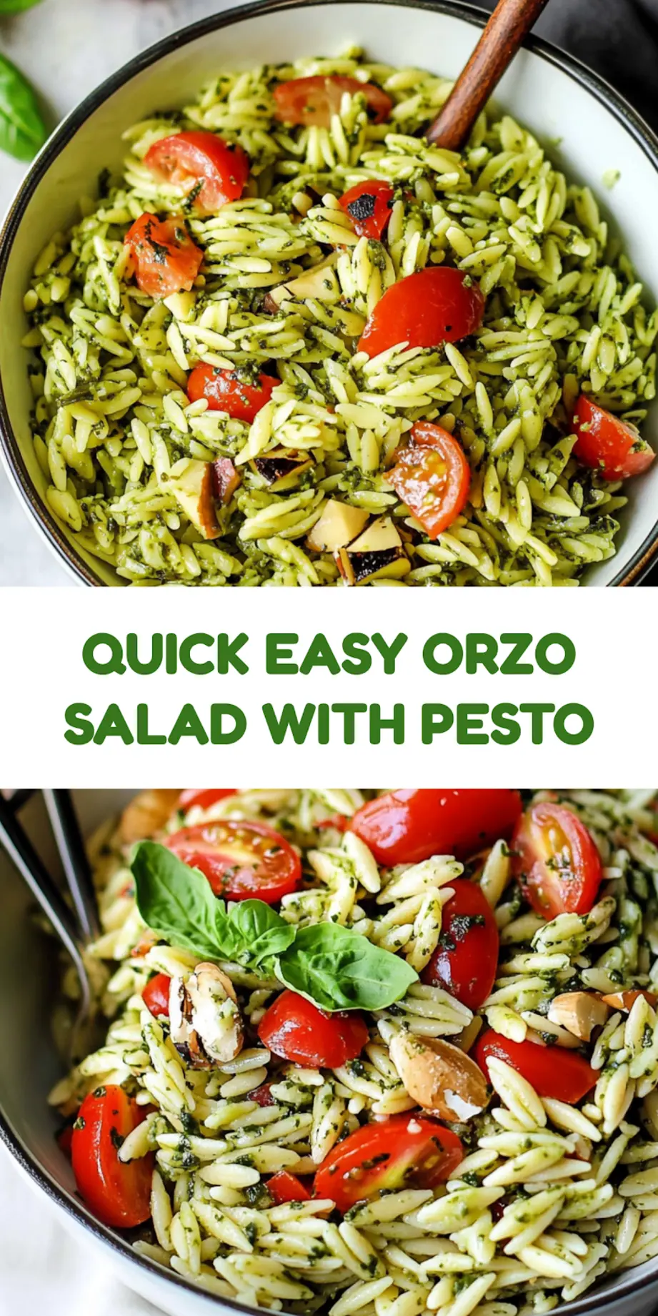 Easy orzo salad with pesto centered hero view, clean and uncluttered