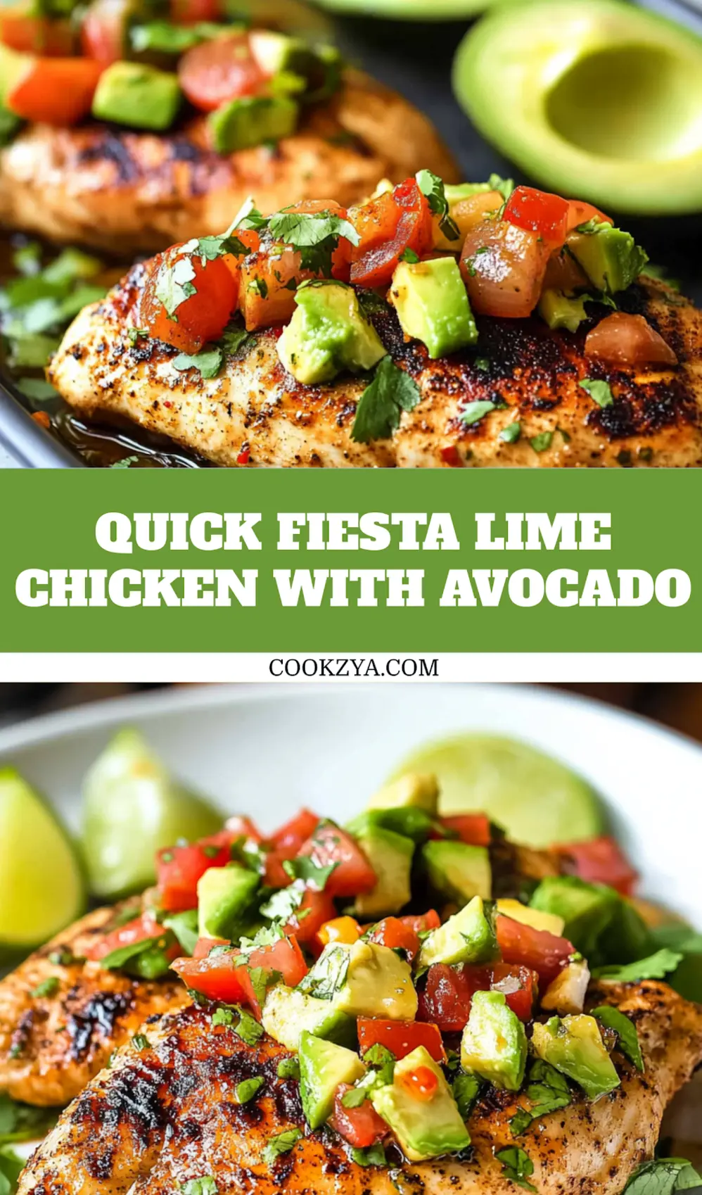 Fiesta lime chicken recipe with avocado centered hero view, clean and uncluttered pin