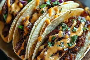 Garlic Butter Honey BBQ Beef Tacos Recipe Easy and Delicious GARLIC BUTTER HONEY BBQ BEEF TACOS centered hero view, clean and uncluttered