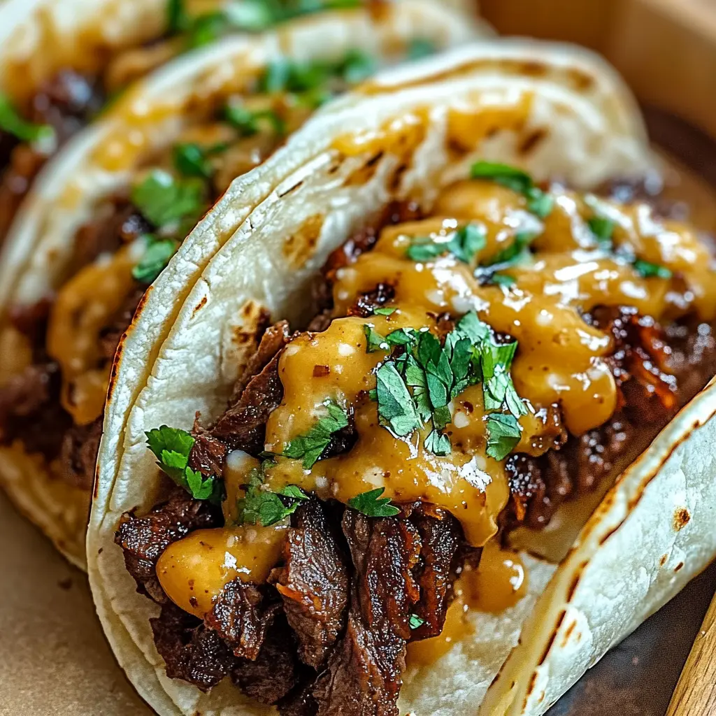GARLIC BUTTER HONEY BBQ BEEF TACOS centered hero view, clean and uncluttered