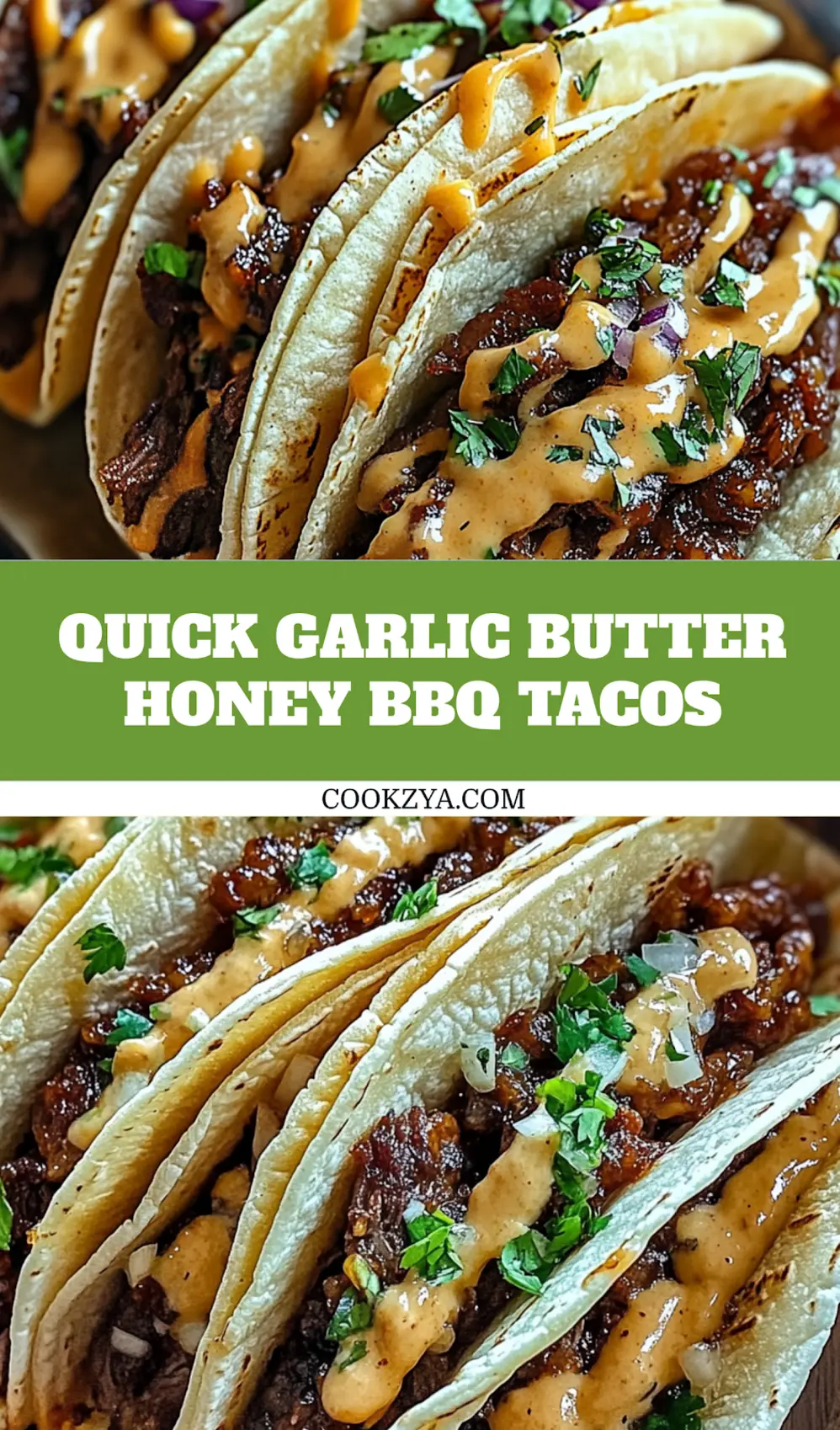 GARLIC BUTTER HONEY BBQ BEEF TACOS centered hero view, clean and uncluttered
