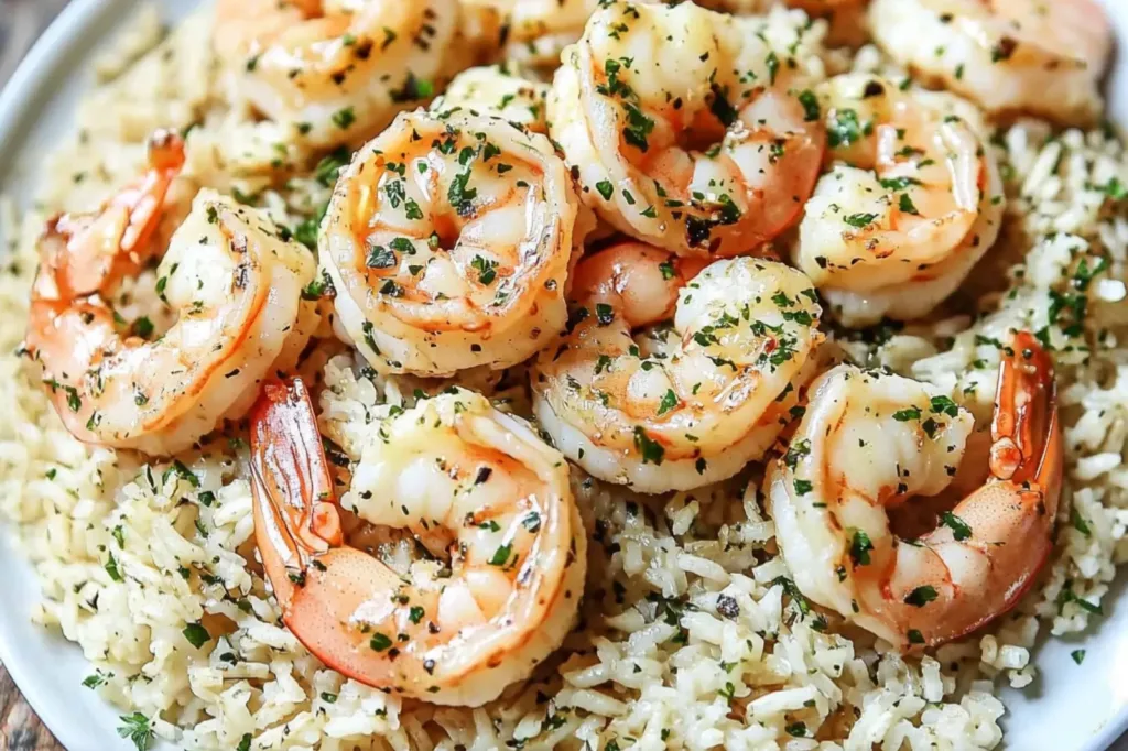 GARLIC BUTTER SHRIMP AND RICE centered hero view, clean and uncluttered