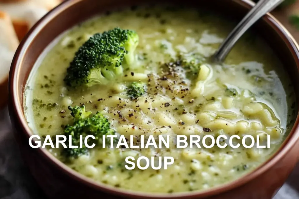 GARLIC ITALIAN BROCCOLI SOUP centered hero view, clean and uncluttered