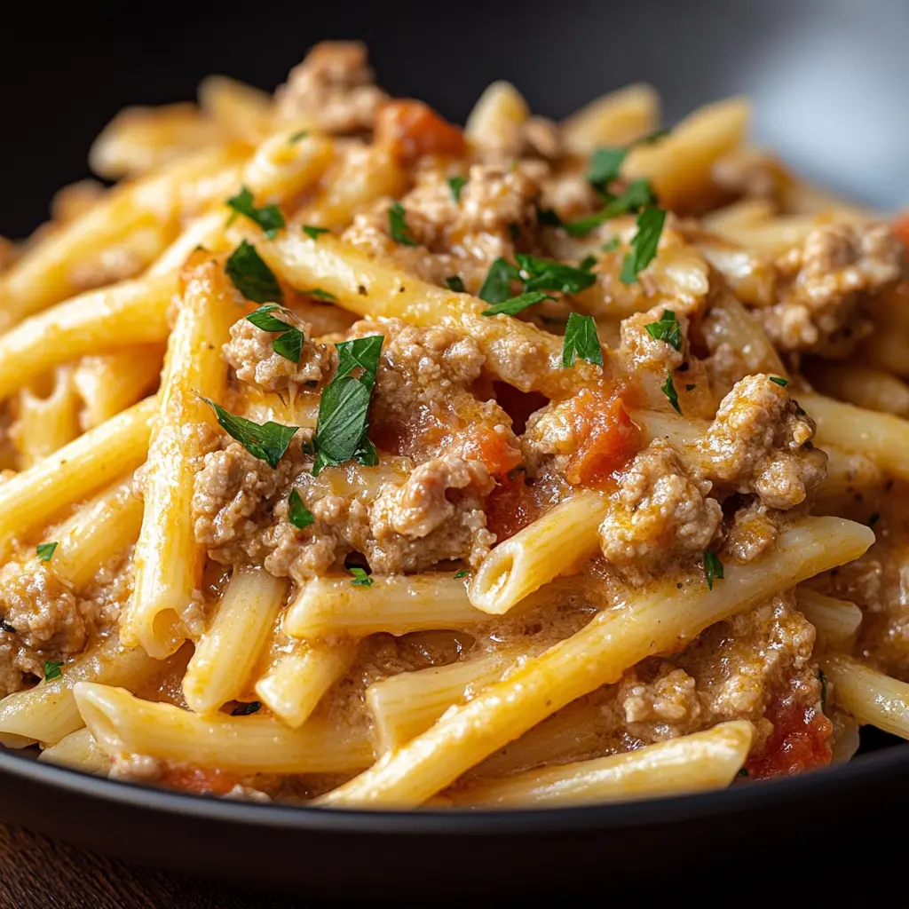 Gordon Ramsay ground turkey pasta in a skillet, creamy sauce coating penne with melted cheese