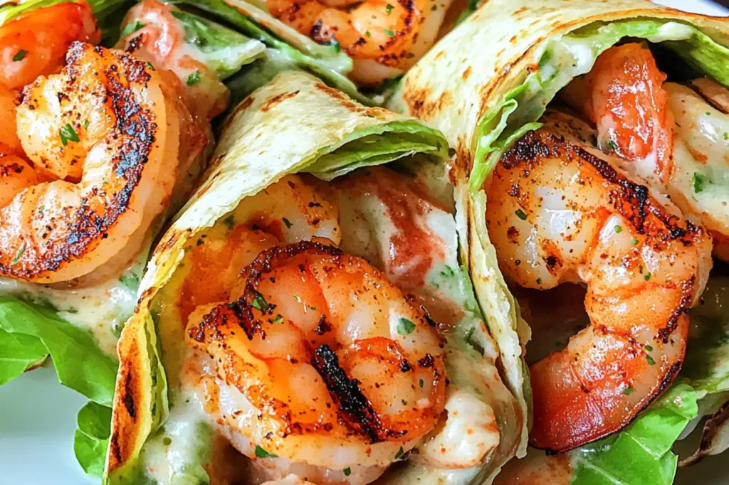 GRILLED SHRIMP CAESAR WRAPS centered hero view, clean and uncluttered