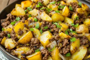 Ground Beef and Potato Skillet Easy Weeknight Dinner GROUND BEEF AND POTATO SKILLET centered hero view, clean and uncluttered