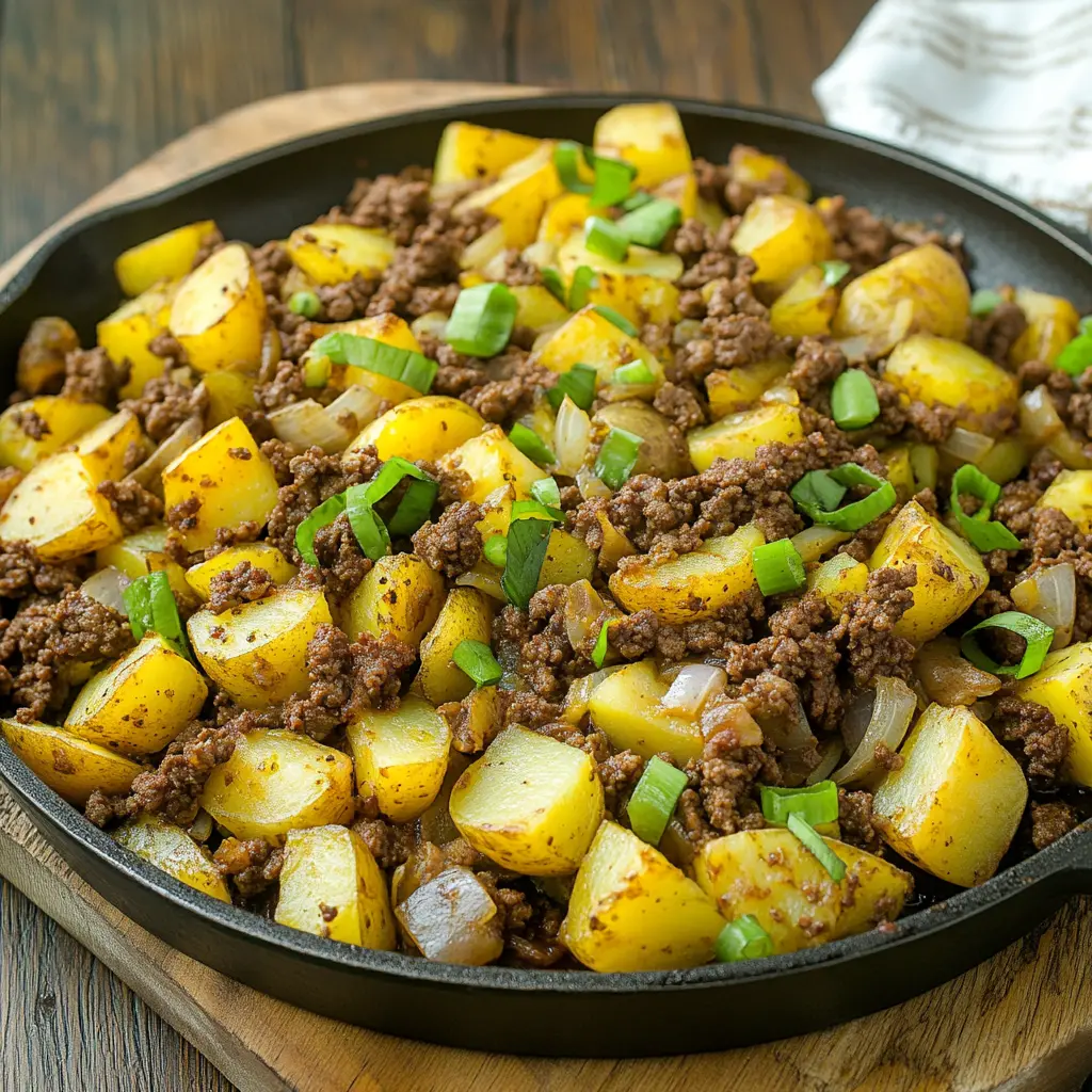 Ground beef and potato skillet centered hero view, clean and uncluttered