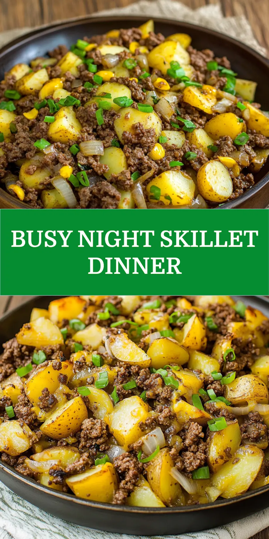 Ground beef and potato skillet centered hero view, clean and uncluttered