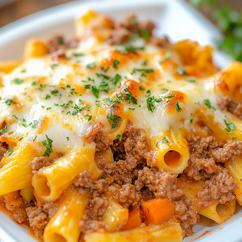GROUND BEEF CASSEROLE centered hero view, clean and uncluttered