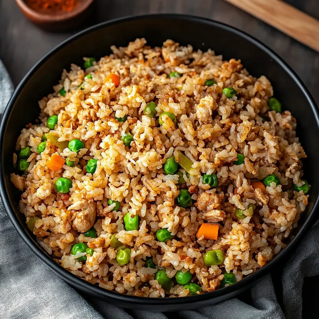 Ground chicken fried rice centered hero view, clean and uncluttered