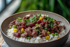 HIGH PROTEIN BEEF AND RICE BOWL centered hero view, clean and uncluttered