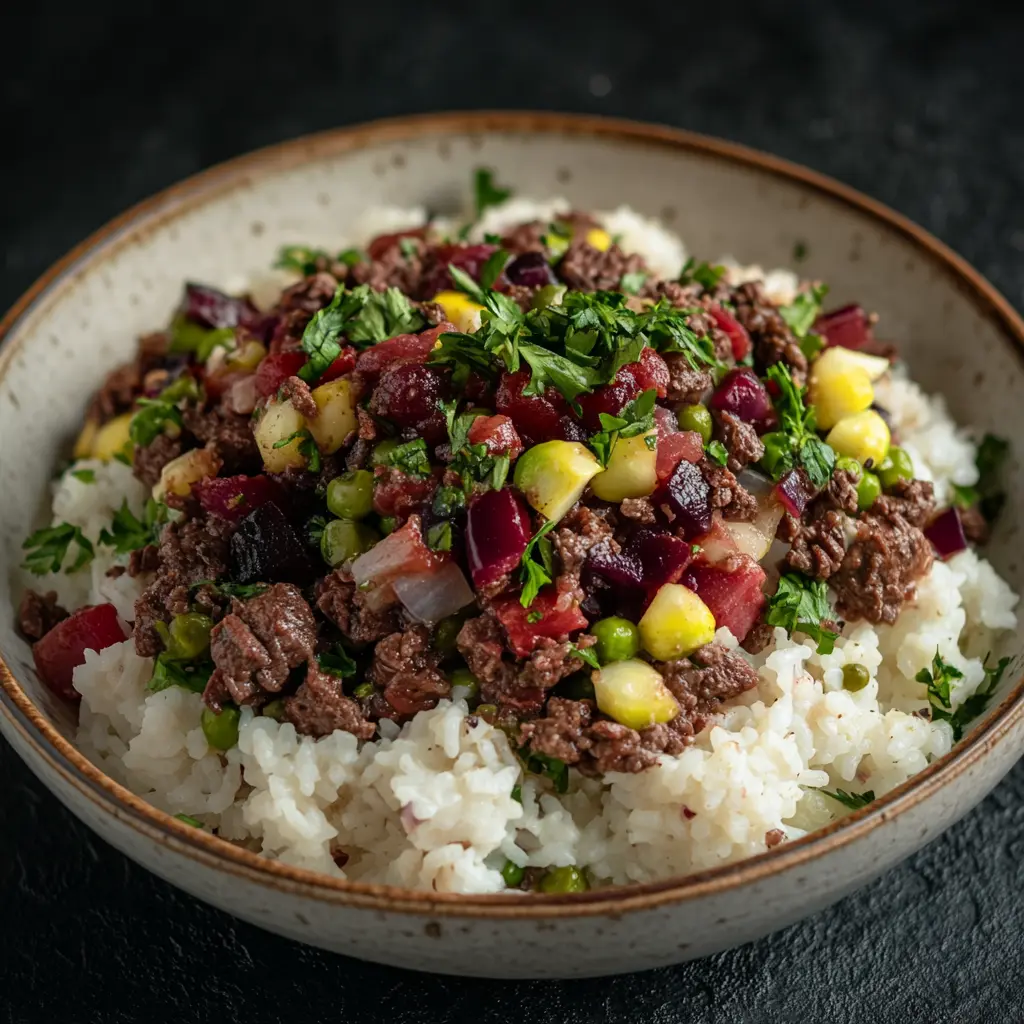 High Protein Beef and Rice Bowl Easy Weeknight Dinner 6 HIGH PROTEIN BEEF AND RICE BOWL centered hero view, clean and uncluttered